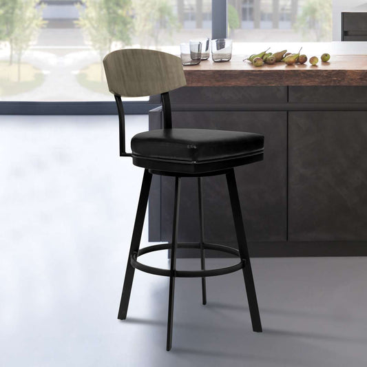 Frisco 26" Counter Height Barstool in Matte Black Finish with Black Faux Leather and Gray Walnut By Armen Living | Bar Stools | Modishstore