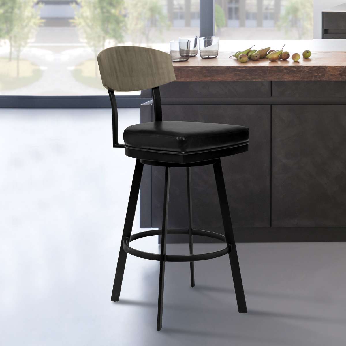 Frisco 30" Bar Height Barstool in Matte Black Finish with Black Faux Leather and Gray Walnut By Armen Living | Bar Stools | Modishstore