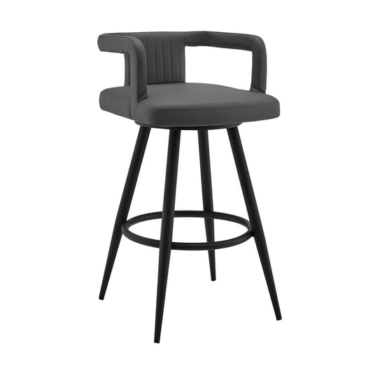 Gabriele 26" Gray Faux Leather and Black Metal Swivel Bar Stool By Armen Living | Bar Stools | Modishstore