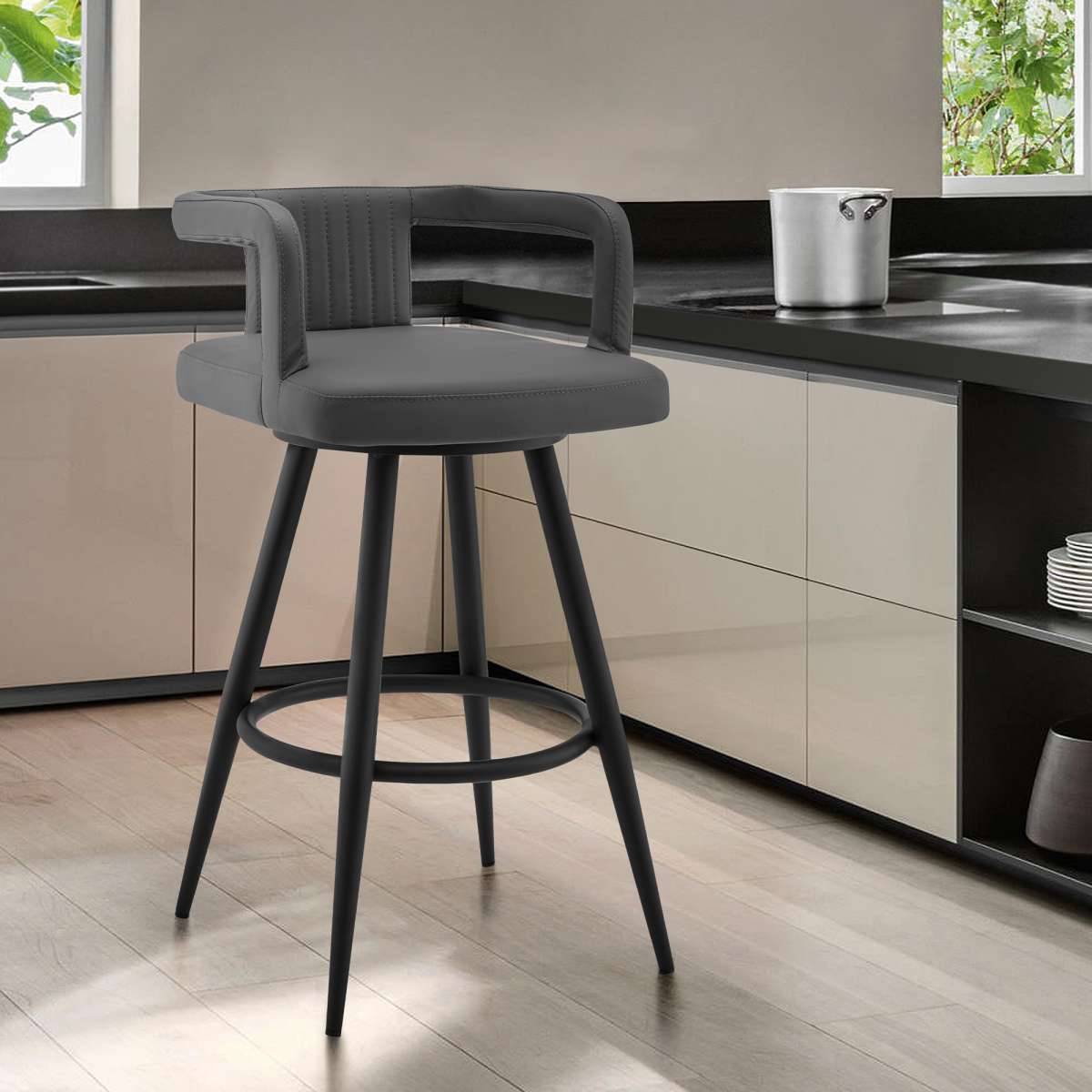 Gabriele 30" Gray Faux Leather and Black Metal Swivel Bar Stool By Armen Living | Bar Stools |  Modishstore 