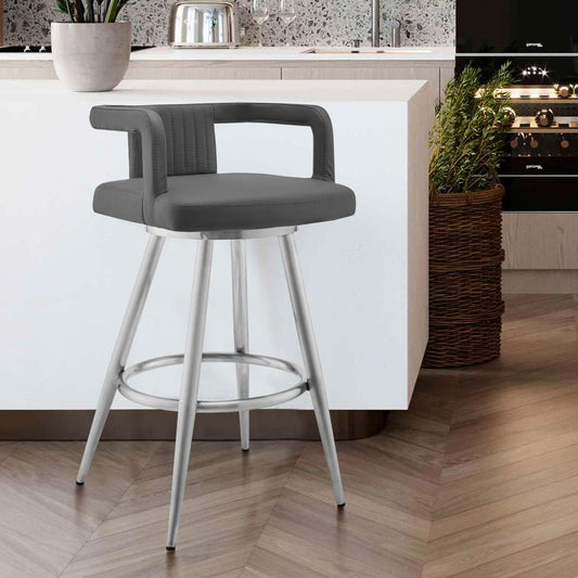 Gabriele 26" Gray Faux Leather and Brushed Stainless Steel Swivel Bar Stool By Armen Living | Bar Stools |  Modishstore 