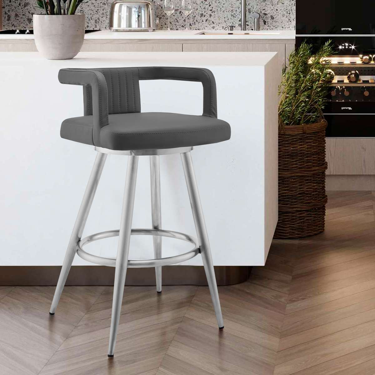 Gabriele 30" Gray Faux Leather and Brushed Stainless Steel Swivel Bar Stool By Armen Living | Bar Stools |  Modishstore 