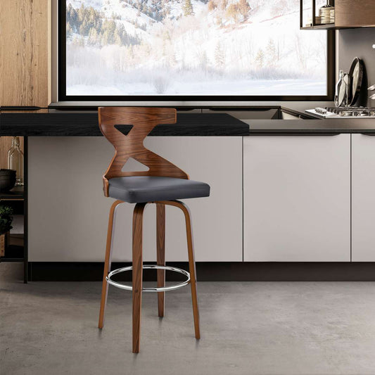 Gayle 30" Swivel Cross Back Grey Faux Leather and Walnut Wood Bar Stool By Armen Living | Bar Stools | Modishstore