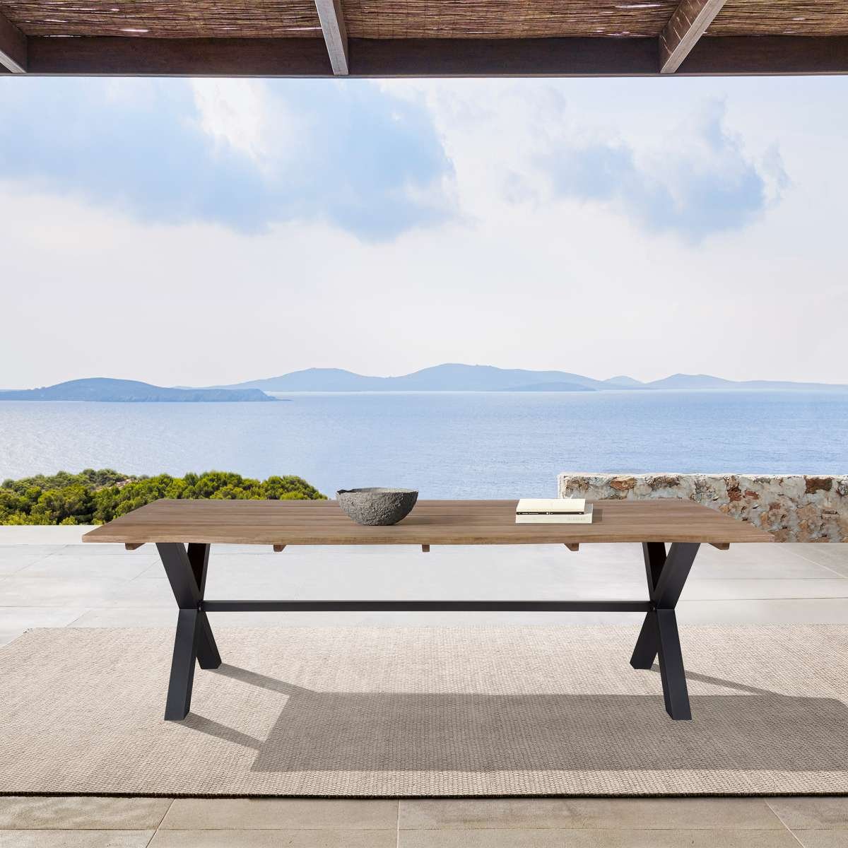 Glendora Outdoor Patio Live Edge Dining Table in Eucalyptus Wood with Black Metal Base By Armen Living | Outdoor Tables | Modishstore
