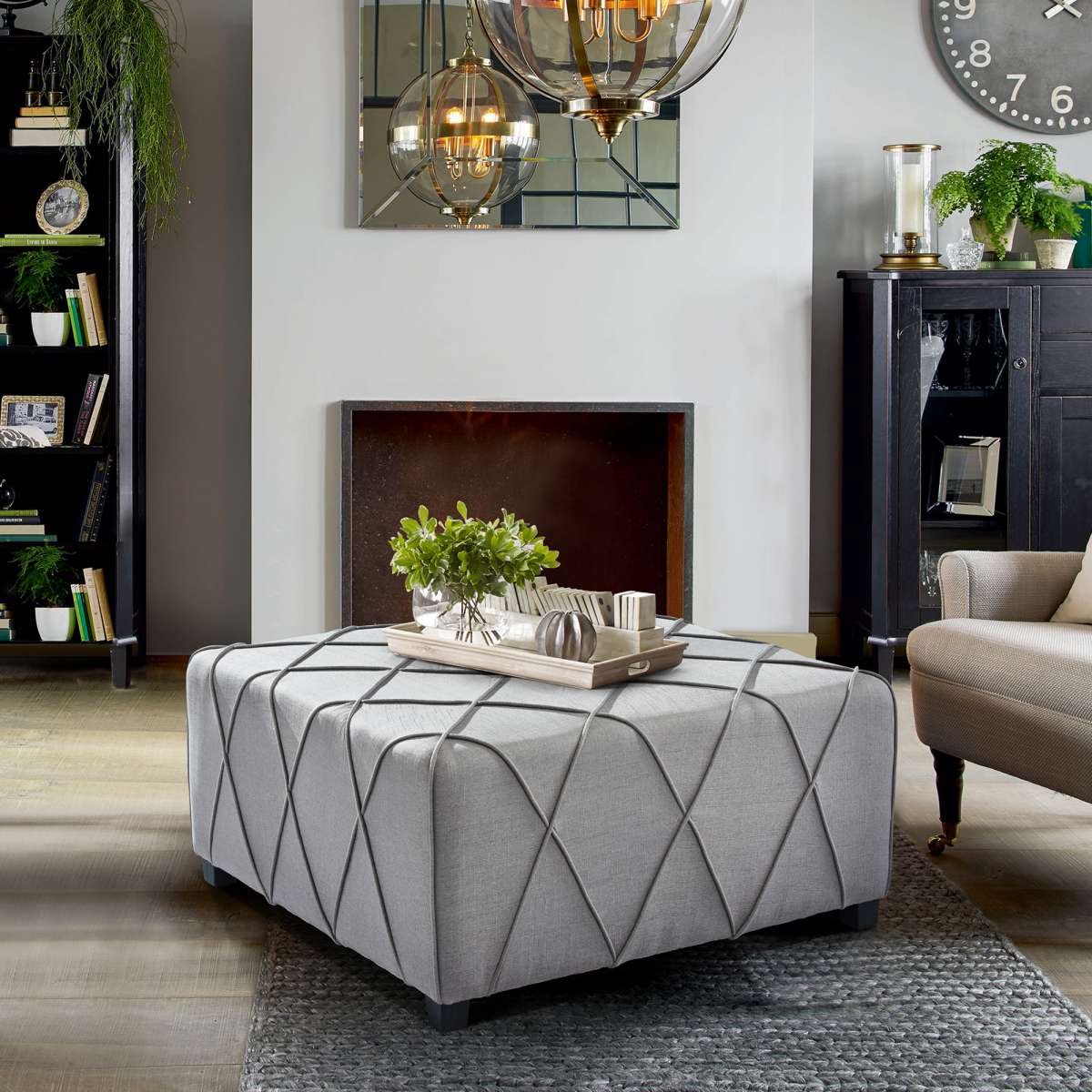 Gemini Contemporary Ottoman in Silver Linen with Piping Accents and Wood Legs By Armen Living | Ottomans | Modishstore