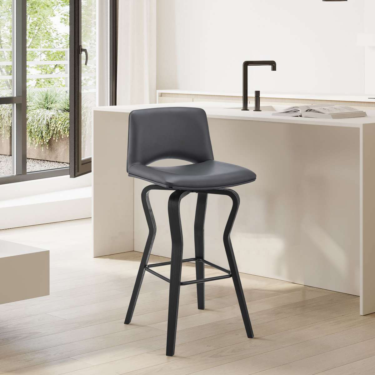 Gerty 30" Swivel Grey Faux Leather and Black Wood Bar Stool By Armen Living | Bar Stools | Modishstore