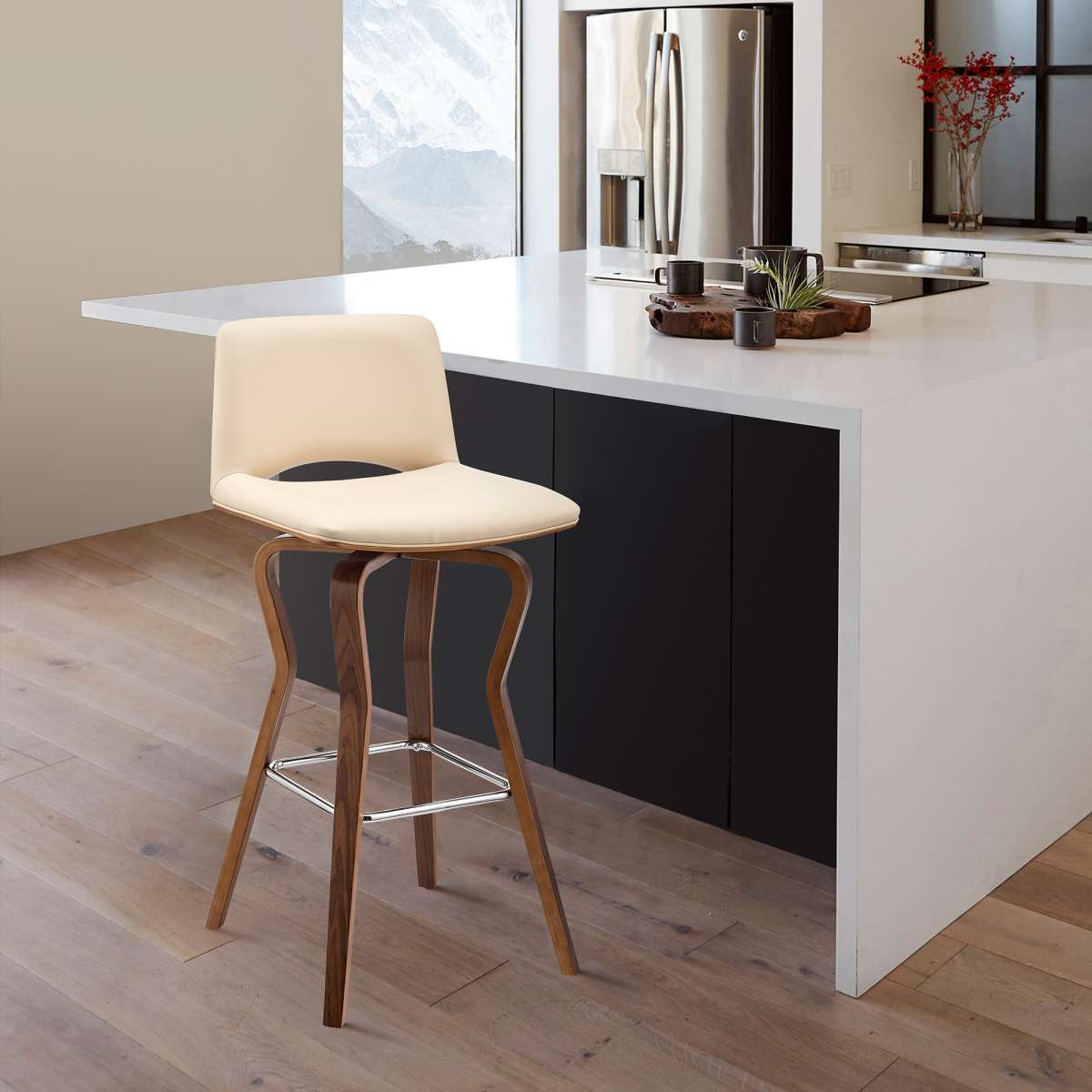 Gerty 30" Swivel Cream Faux Leather and Walnut Wood Bar Stool By Armen Living | Bar Stools | Modishstore
