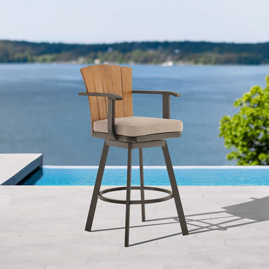 Hazel Outdoor Patio Swivel Counter Stool in Aluminum with Teak Wood and Brown Cushion By Armen Living | Bar Stools | Modishstore