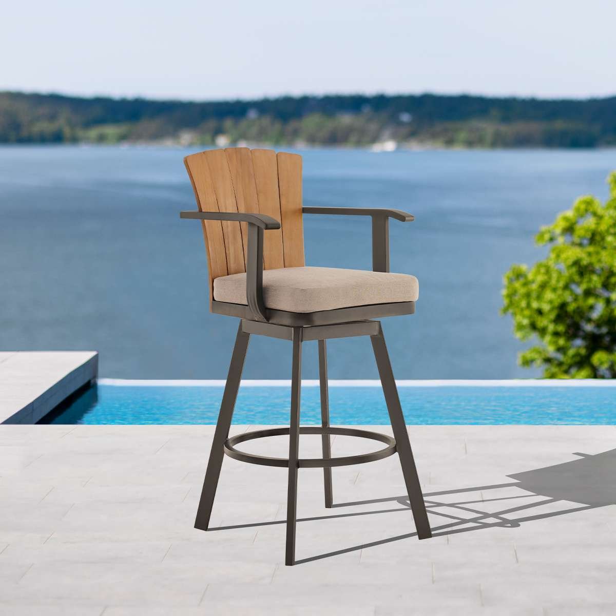 Hazel Outdoor Patio Swivel Counter Stool in Aluminum with Teak Wood and Brown Cushion By Armen Living | Bar Stools | Modishstore