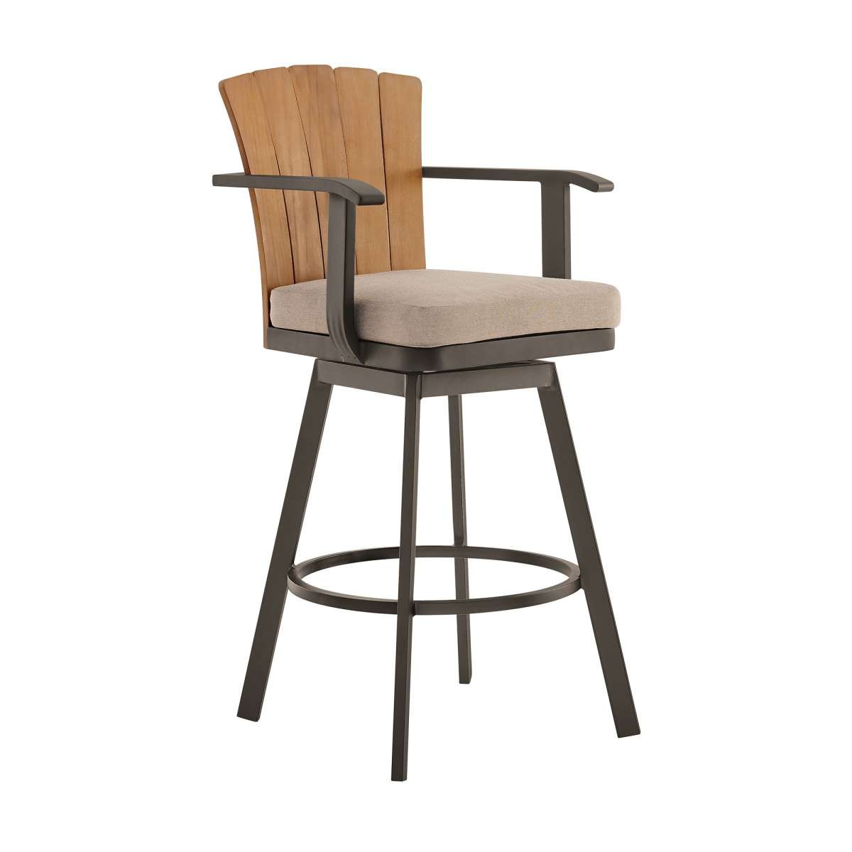 Hazel Outdoor Patio Swivel Bar Stool in Aluminum with Teak Wood and Brown Cushion By Armen Living | Bar Stools | Modishstore - 2
