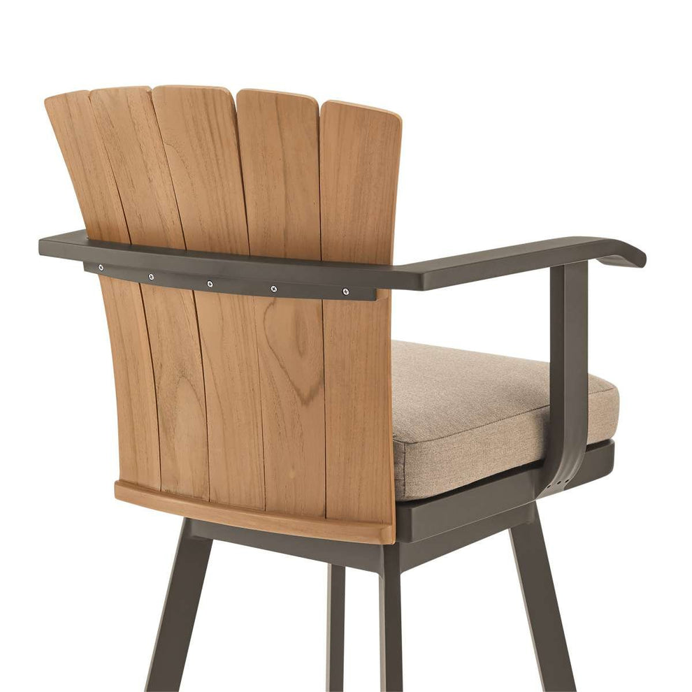 Hazel Outdoor Patio Swivel Bar Stool in Aluminum with Teak Wood and Brown Cushion By Armen Living | Bar Stools | Modishstore - 4