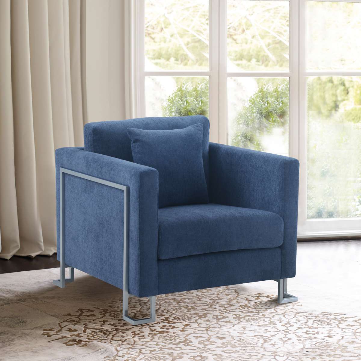 Heritage Blue Fabric Upholstered Accent Chair with Brushed Stainless Steel Legs By Armen Living | Sofas |  Modishstore  - 2