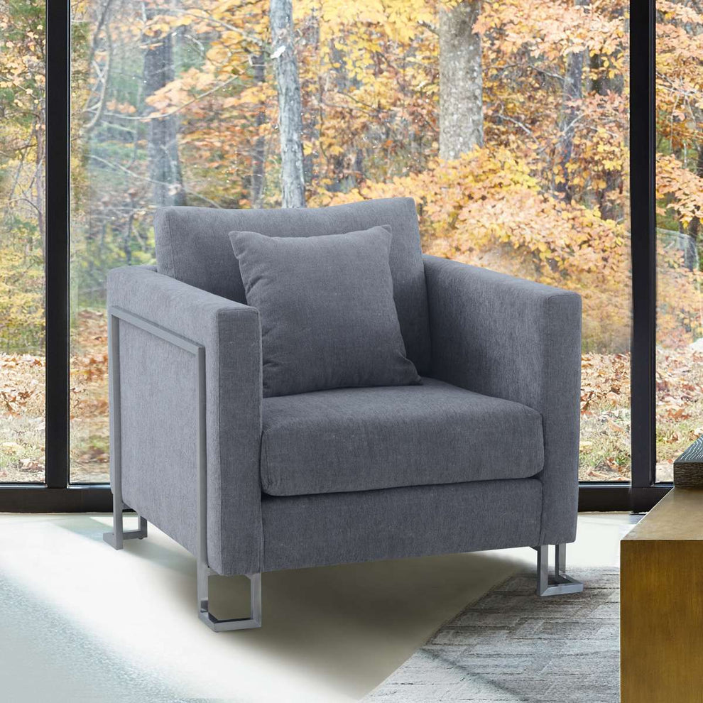 Heritage Blue Fabric Upholstered Accent Chair with Brushed Stainless Steel Legs By Armen Living | Sofas |  Modishstore  - 4