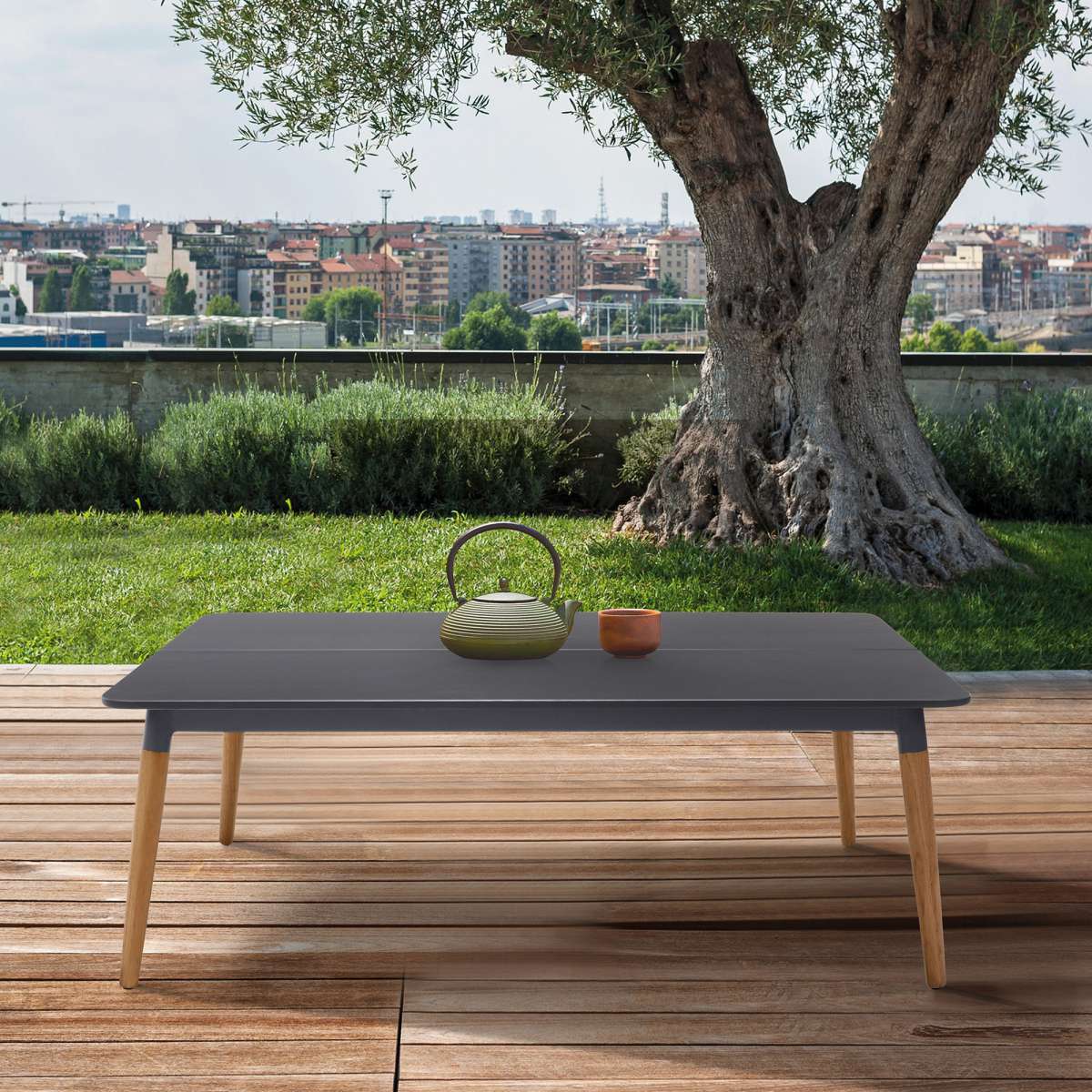 Ipanema Outdoor Dark Grey Rectangular Coffee Table with Teak Legs By Armen Living | Outdoor Tables |  Modishstore 