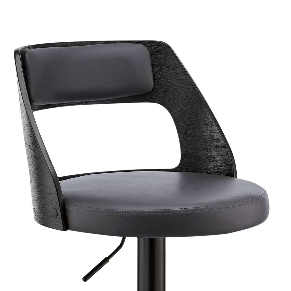 Itzan Adjustable Swivel Grey Faux Leather and Black Wood Bar Stool with Black Base By Armen Living | Bar Stools |  Modishstore  - 7