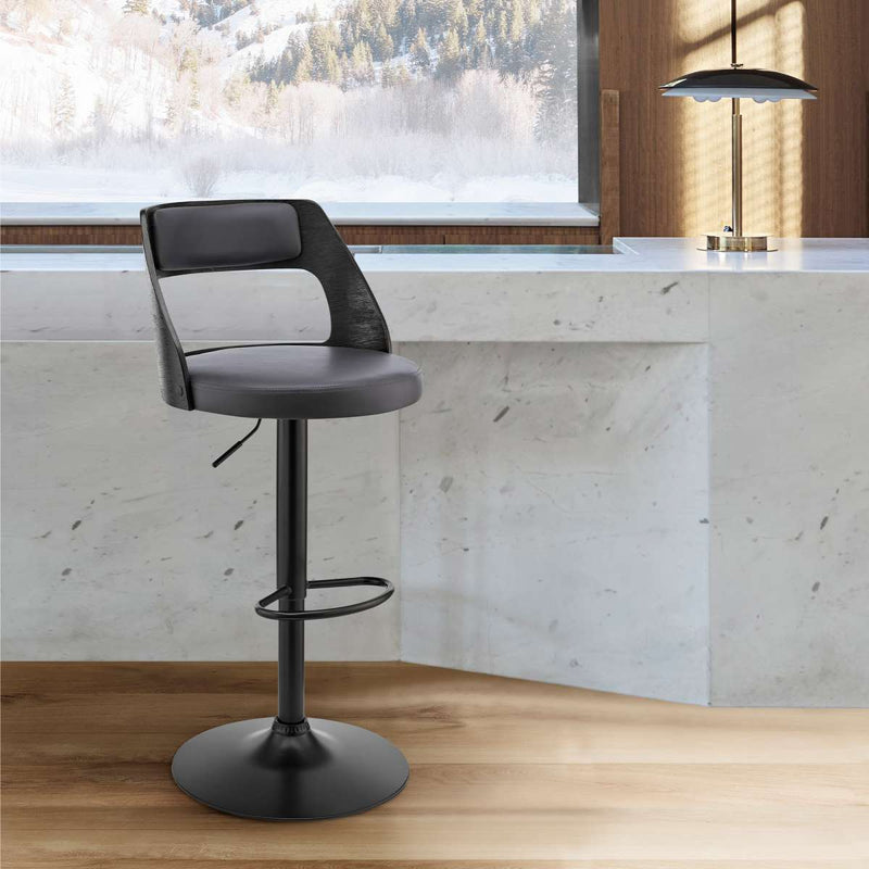 Itzan Adjustable Swivel Grey Faux Leather and Black Wood Bar Stool with Black Base By Armen Living | Bar Stools |  Modishstore 