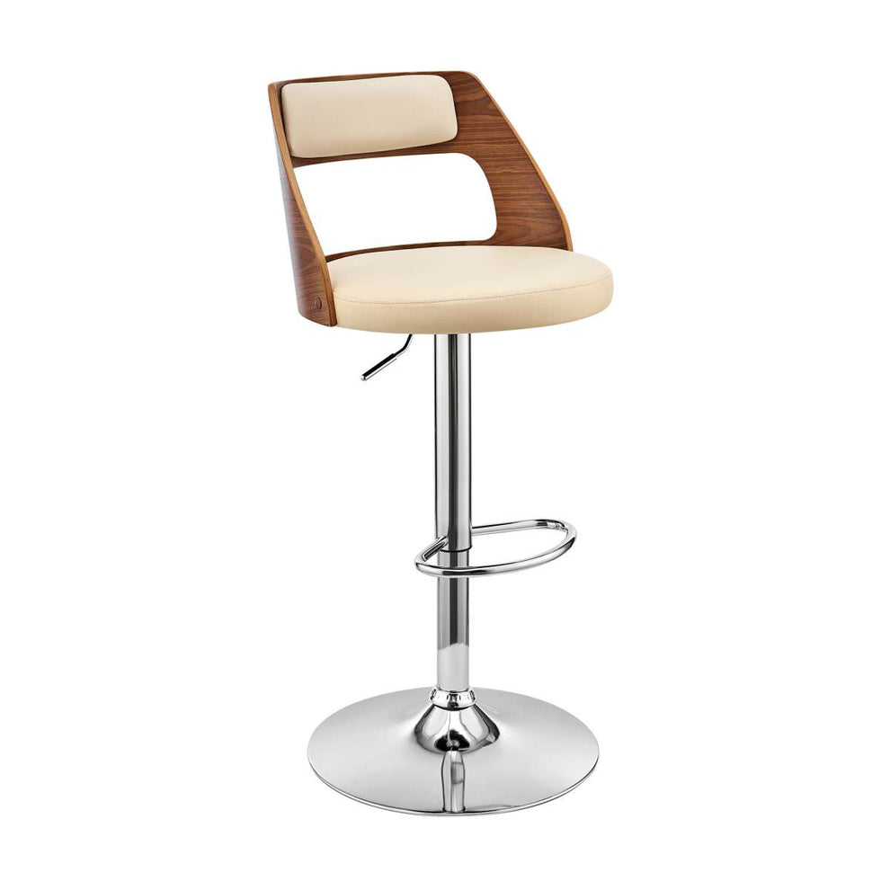 Itzan Adjustable Swivel Cream Faux Leather and Walnut Wood Bar Stool with Chrome Base By Armen Living | Bar Stools | Modishstore - 2