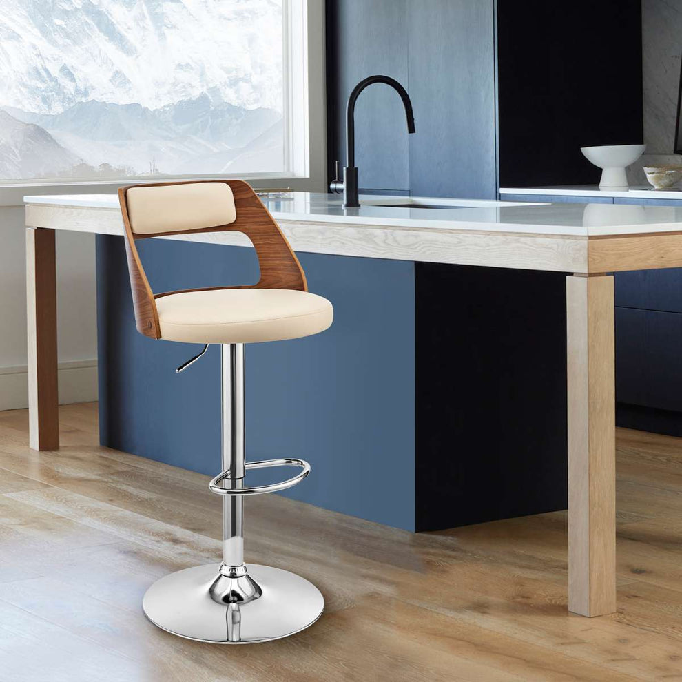 Itzan Adjustable Swivel Cream Faux Leather and Walnut Wood Bar Stool with Chrome Base By Armen Living | Bar Stools | Modishstore