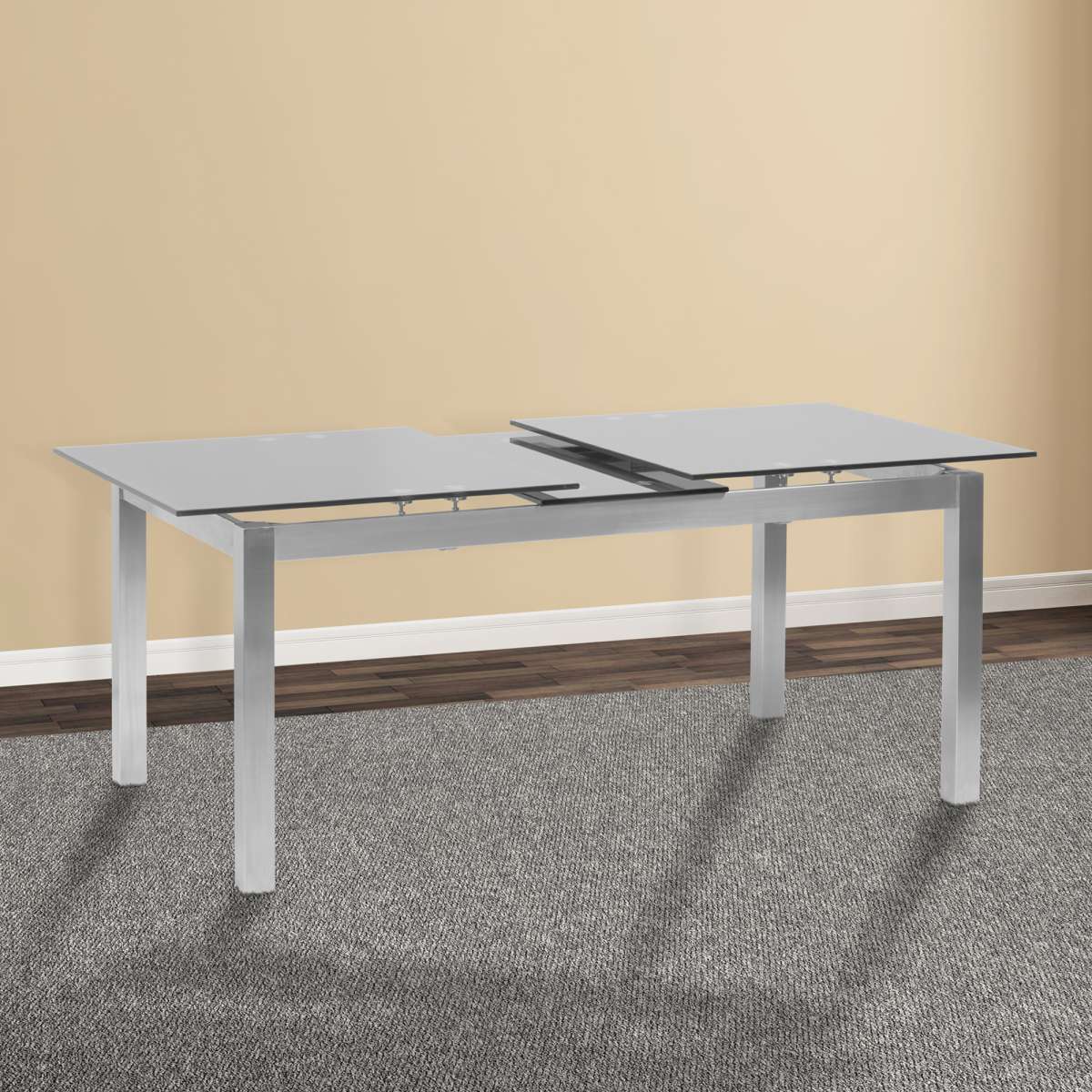 Ivan Extension Dining Table in Brushed Stainless Steel and Gray Tempered Glass Top By Armen Living | Dining Tables | Modishstore