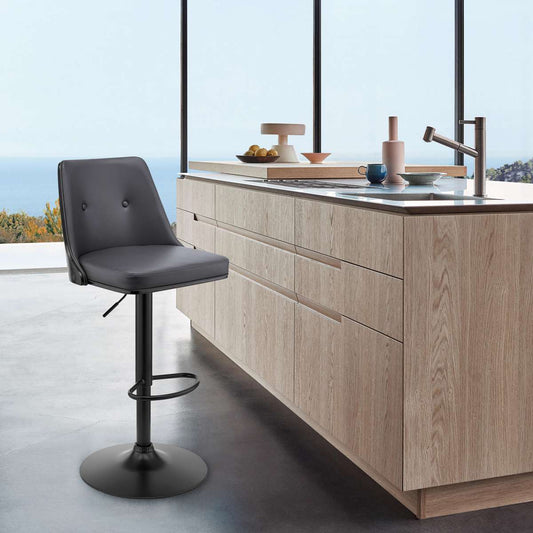 Jacob Adjustable Swivel Grey Faux Leather and Black Wood Bar Stool with Black Base By Armen Living | Bar Stools | Modishstore