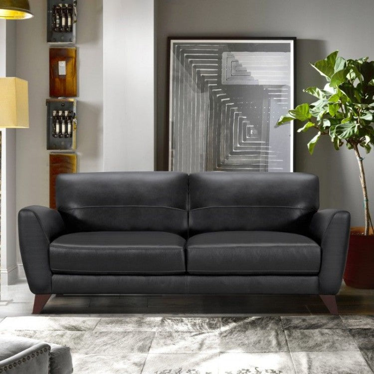 Jedd Contemporary Sofa in Genuine Black Leather with Brown Wood Legs By Armen Living | Sofas | Modishstore