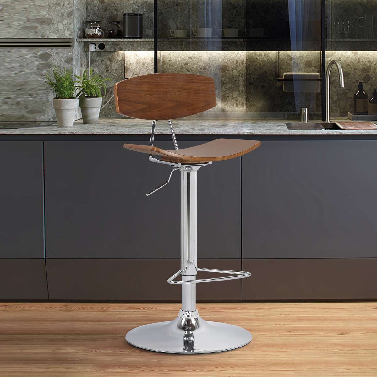 Jett Adjustable Walnut and Chrome Bar Stool By Armen Living | Bar Stools | Modishstore