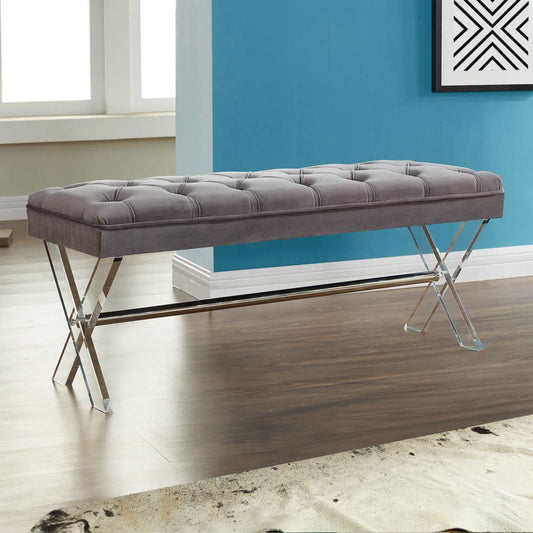 Joanna Ottoman Bench in Gray Tufted Velvet with Crystal Buttons and Acrylic Legs By Armen Living | Benches | Modishstore