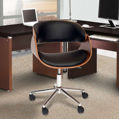 Julian Modern Office Chair In Chrome Finish with Black Faux Leather And Walnut Veneer Back By Armen Living