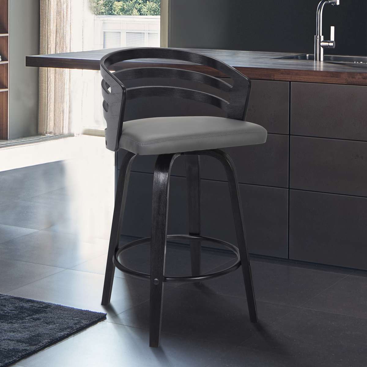 Jayden 30" Bar Height Swivel Grey Faux Leather and Black Wood Bar Stool By Armen Living | Bar Stools | Modishstore