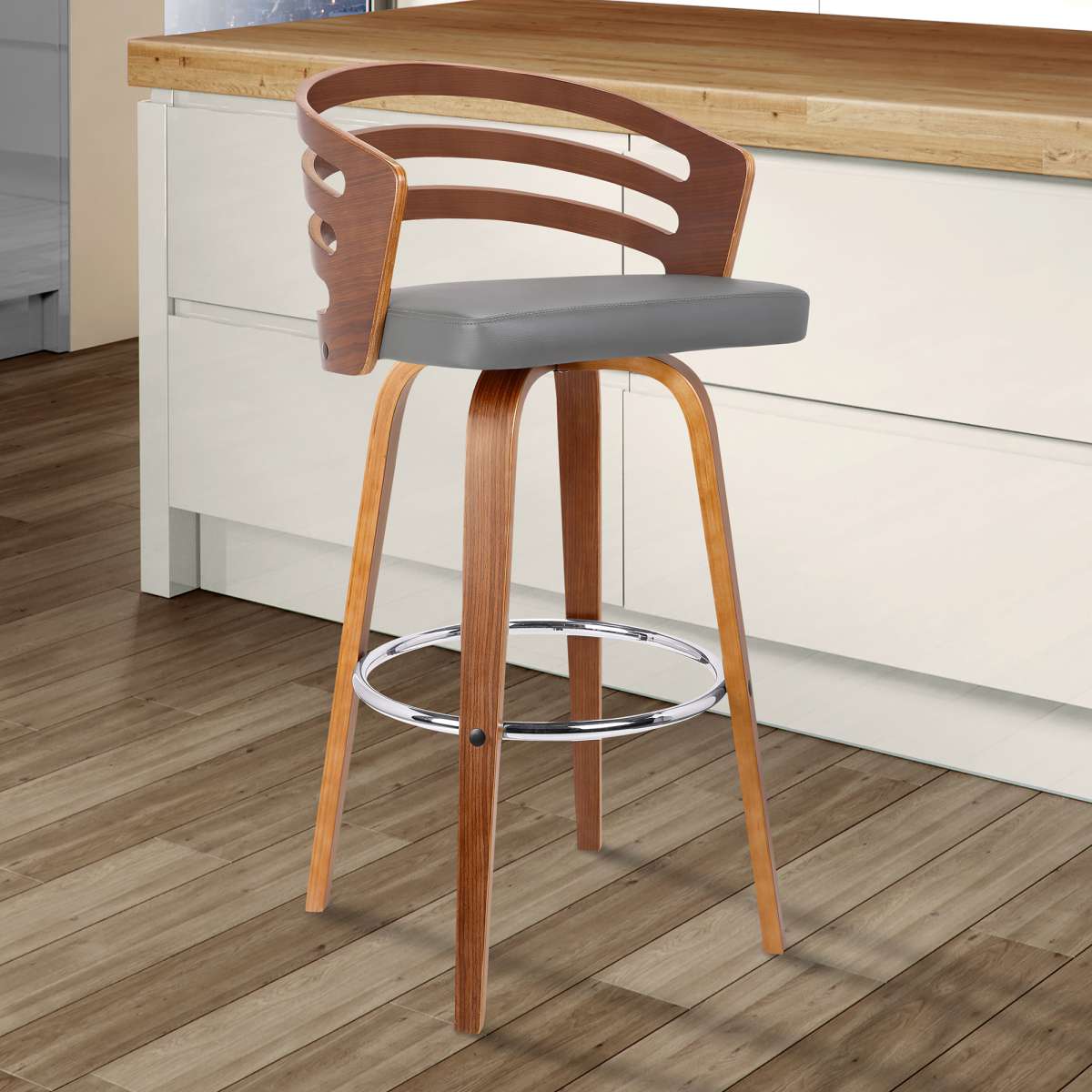 Jayden 30" Bar Height Swivel Grey Faux Leather and Walnut Wood Bar Stool By Armen Living | Bar Stools | Modishstore