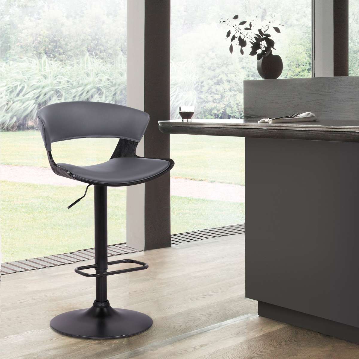 Karine Adjustable Swivel Grey Faux Leather and Black Wood Bar Stool with Black Base By Armen Living | Bar Stools | Modishstore