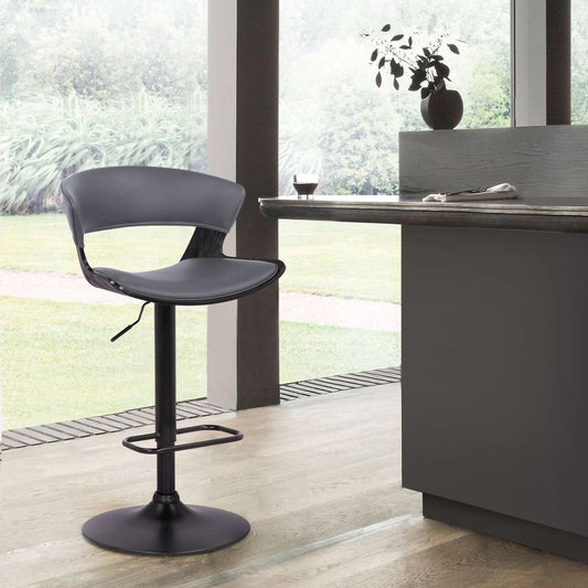 Karine Adjustable Swivel Grey Faux Leather and Black Wood Bar Stool with Black Base By Armen Living | Bar Stools | Modishstore