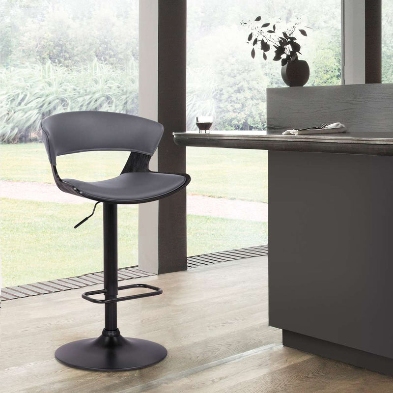Karine Adjustable Swivel Grey Faux Leather and Black Wood Bar Stool with Black Base By Armen Living | Bar Stools | Modishstore