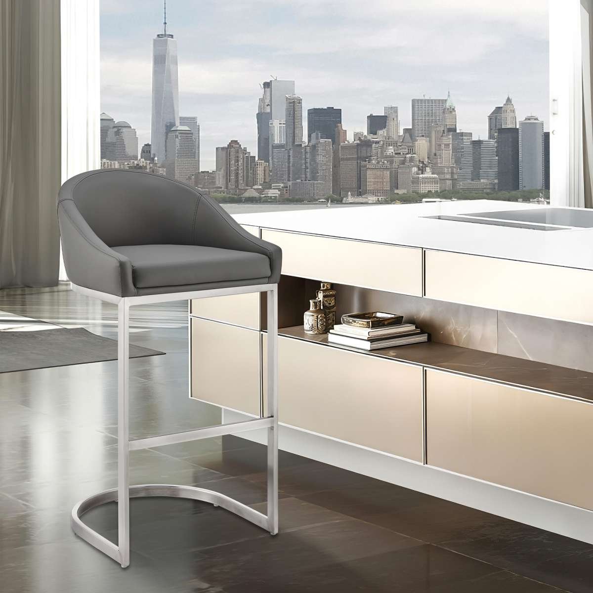 Katherine 30" Bar Stool in Brushed Stainless Steel with White Faux Leather By Armen Living | Bar Stools | Modishstore - 9