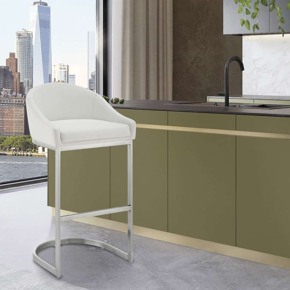 Katherine 30" Bar Stool in Brushed Stainless Steel with White Faux Leather By Armen Living | Bar Stools | Modishstore