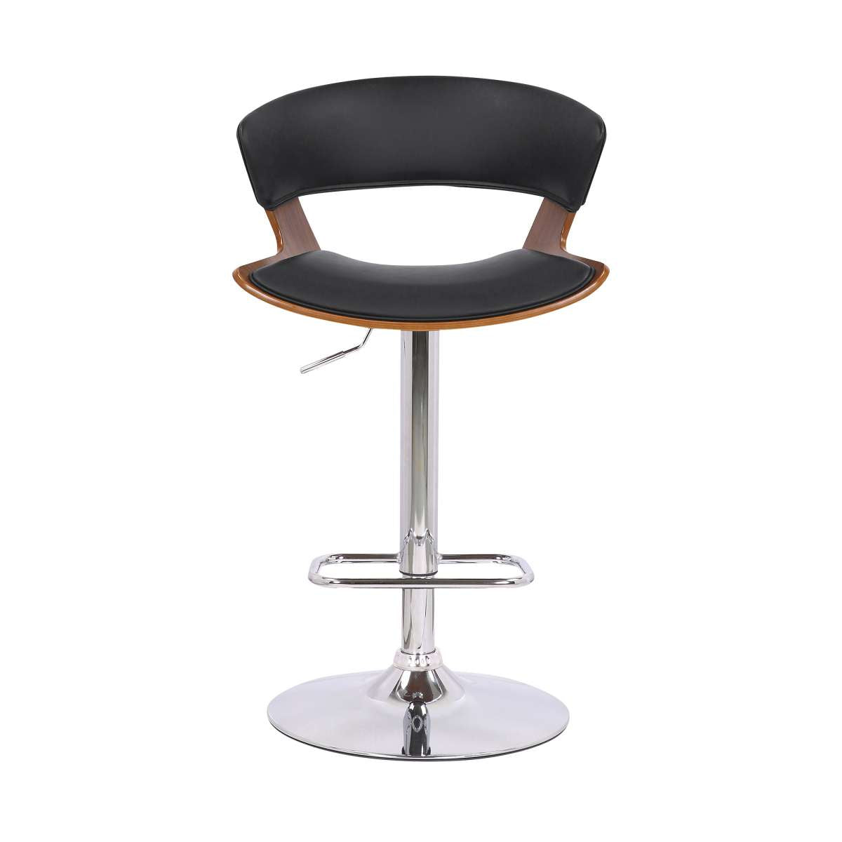 Karine Adjustable Swivel Black Faux Leather and Walnut Wood Bar Stool with Black Base By Armen Living | Bar Stools | Modishstore - 3