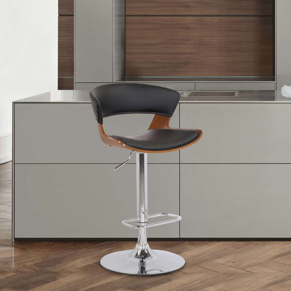 Karine Adjustable Swivel Black Faux Leather and Walnut Wood Bar Stool with Black Base By Armen Living | Bar Stools | Modishstore