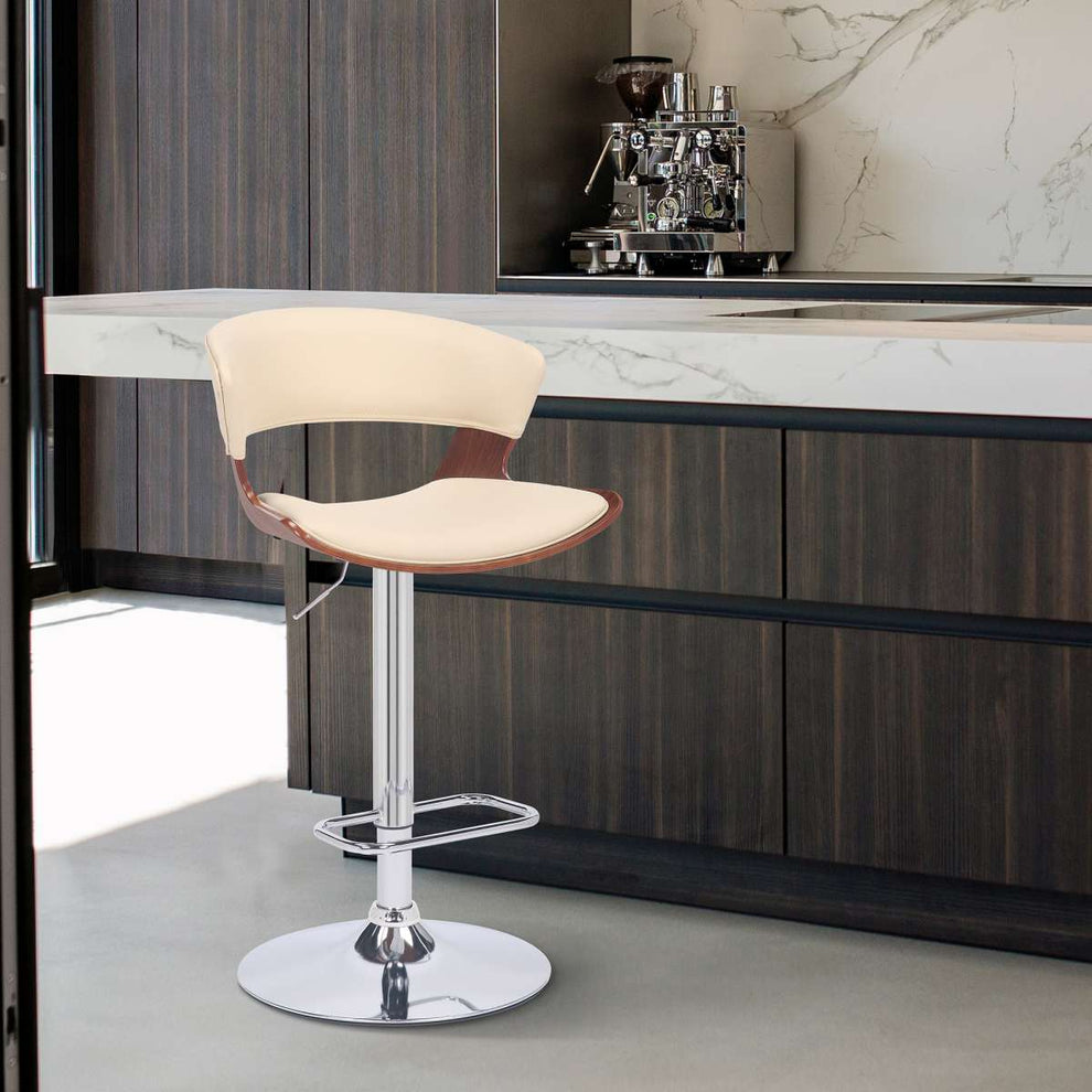 Karine Adjustable Swivel Black Faux Leather and Walnut Wood Bar Stool with Black Base By Armen Living | Bar Stools | Modishstore - 9