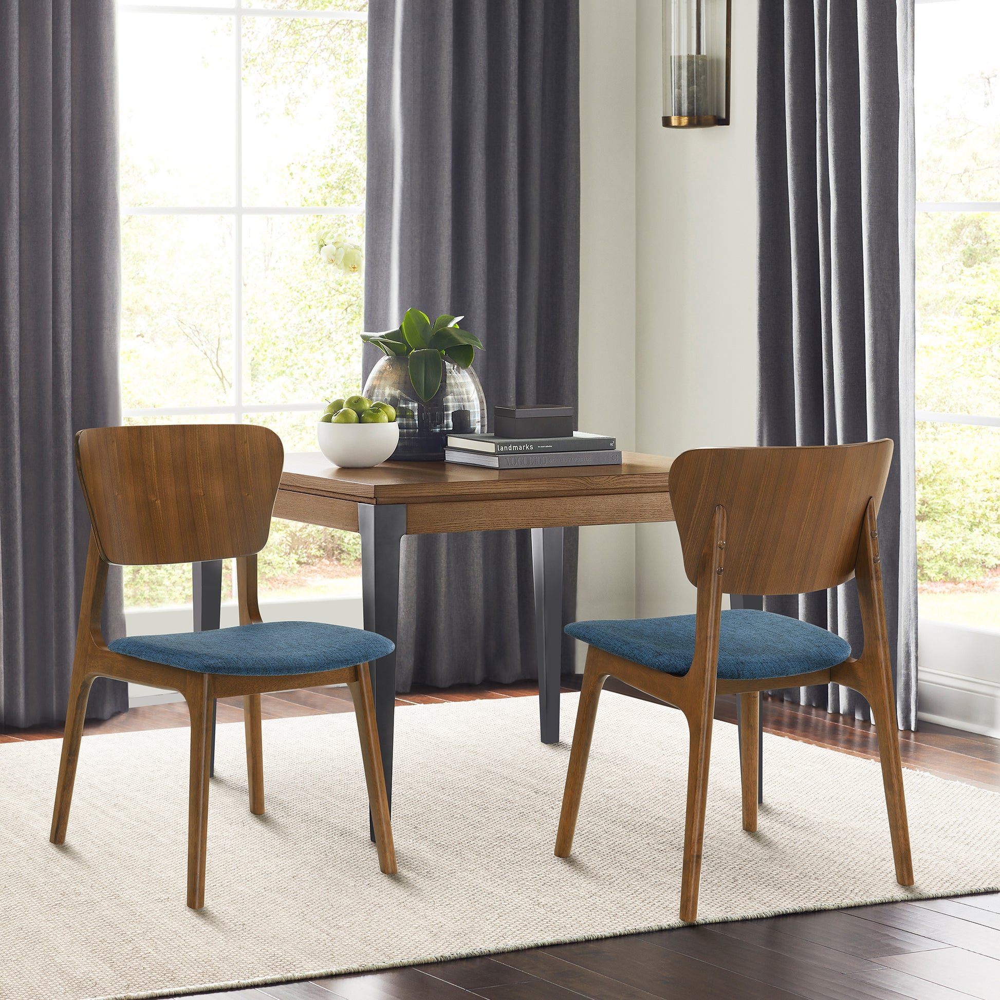 Kalia Wood Dining Chair in Walnut Finish with Blue Fabric - Set of 2 By Armen Living | Dining Chairs | Modishstore