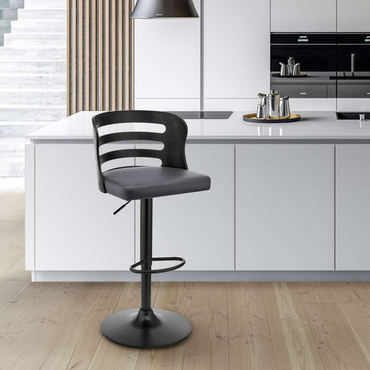 Khalia Adjustable Swivel Grey Faux Leather and Black Wood Bar Stool with Black Base By Armen Living | Bar Stools | Modishstore
