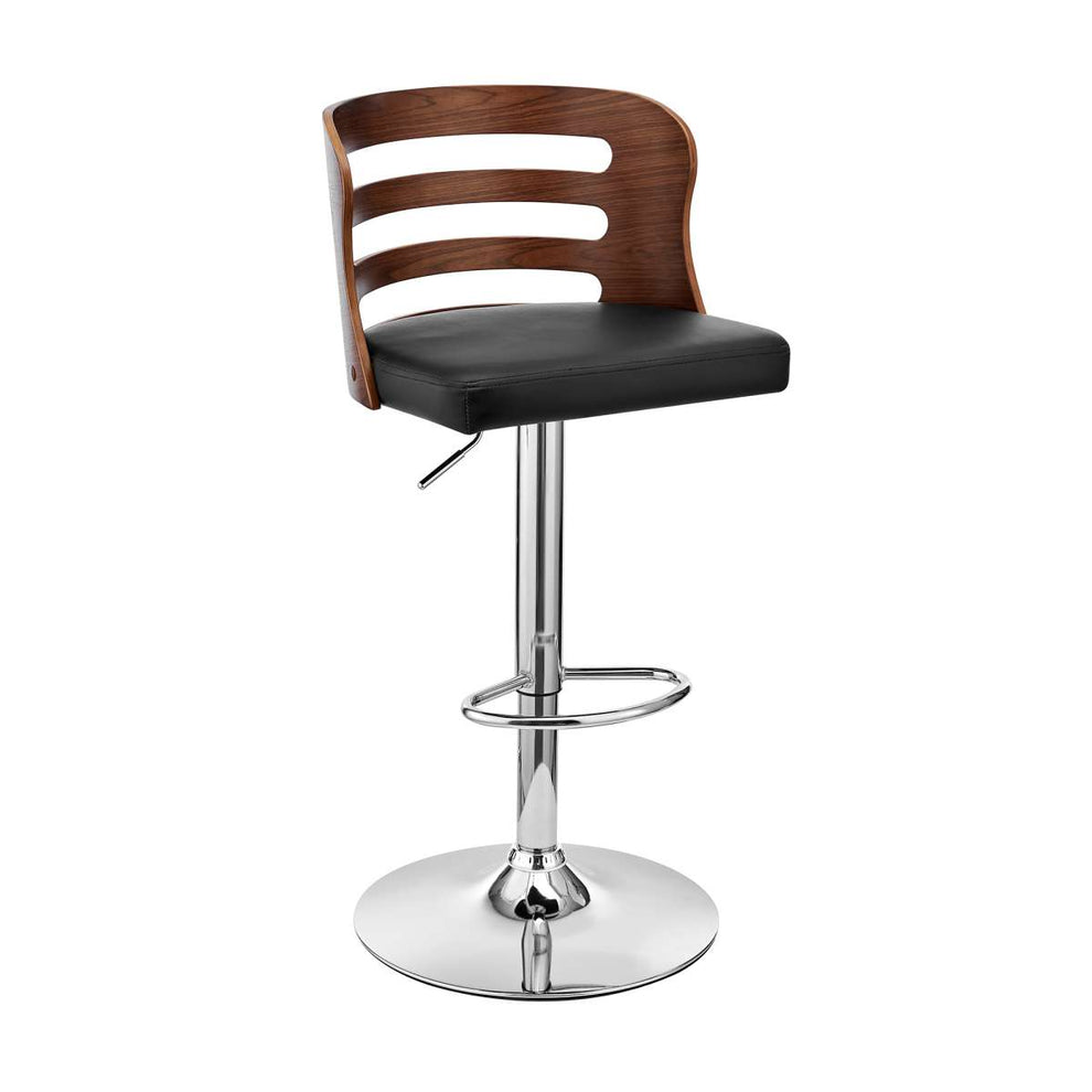 Khalia Adjustable Swivel Black Faux Leather and Walnut Wood Bar Stool with Chrome Base By Armen Living | Bar Stools | Modishstore - 2