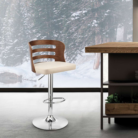 Khalia Adjustable Swivel Cream Faux Leather and Walnut Wood Bar Stool with Chrome Base By Armen Living | Bar Stools | Modishstore