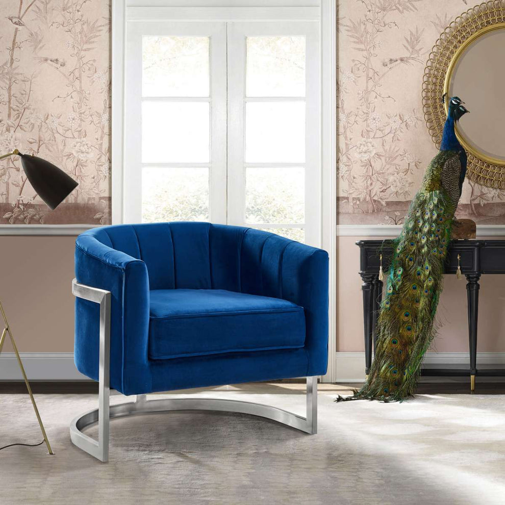 Kamila Contemporary Accent Chair in Blue Velvet and Brushed Stainless Steel Finish By Armen Living | Accent Chairs | Modishstore