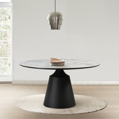 Knox Round Dining Table with Stone Top and Black Metal Base By Armen Living