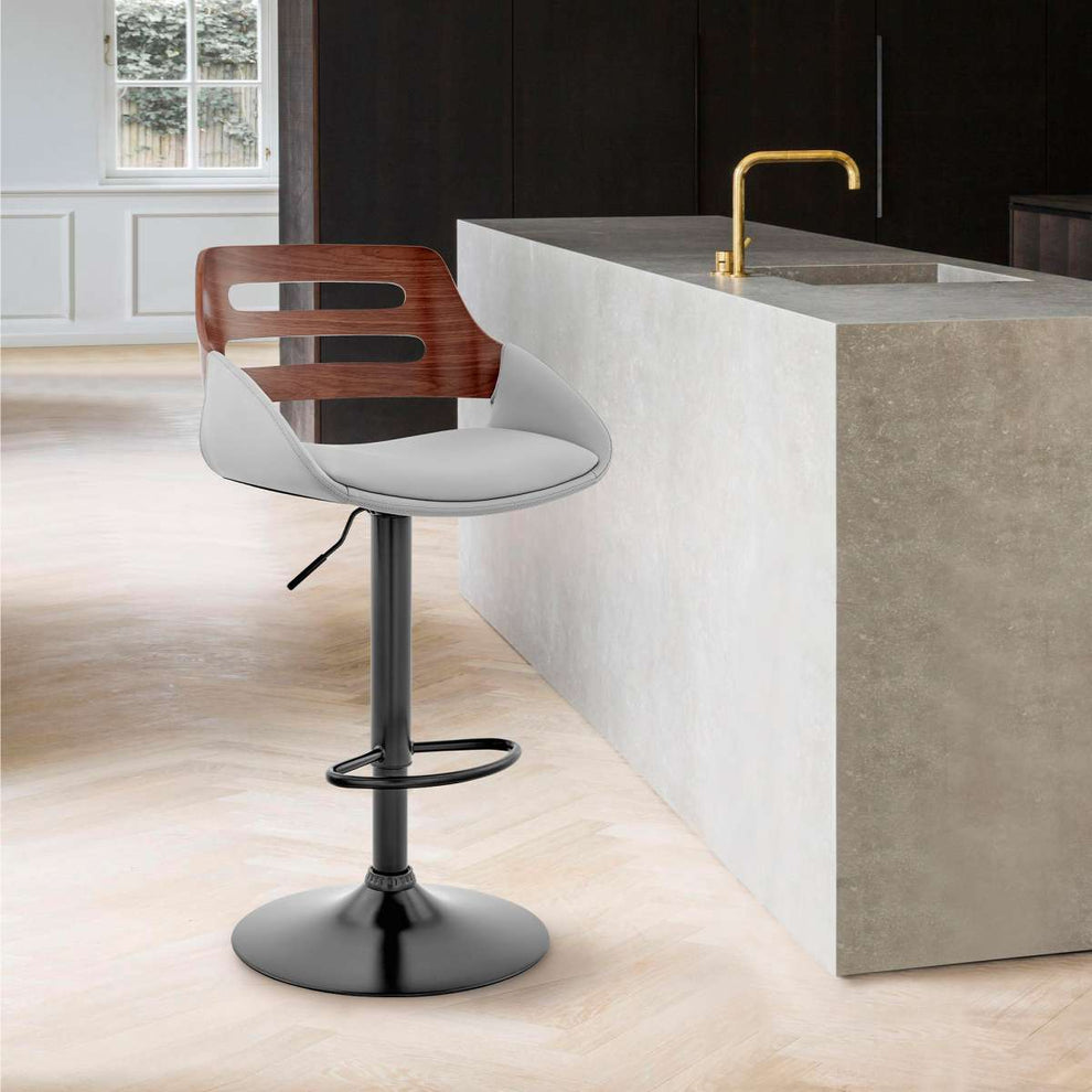 Karter Adjustable Black Faux Leather and Walnut Wood Bar Stool with Chrome Base By Armen Living | Bar Stools |  Modishstore  - 8