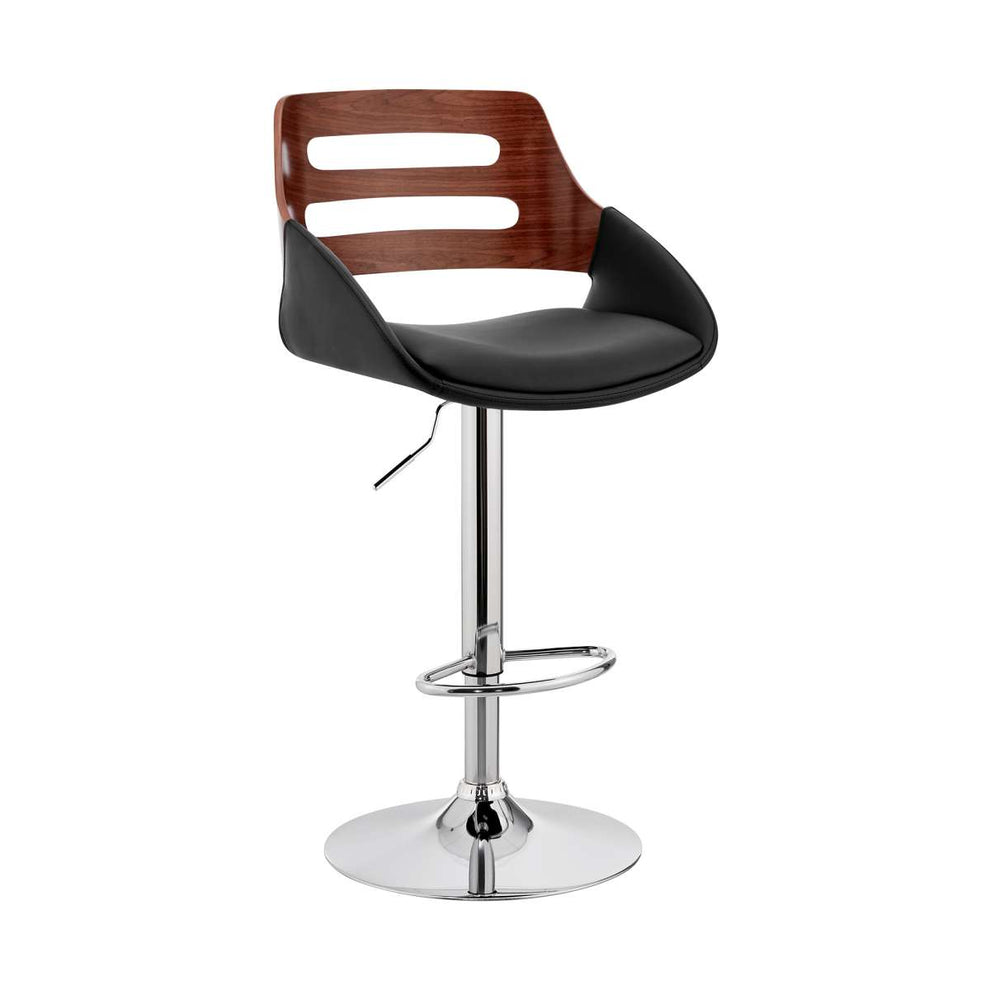 Karter Adjustable Black Faux Leather and Walnut Wood Bar Stool with Chrome Base By Armen Living | Bar Stools |  Modishstore  - 16