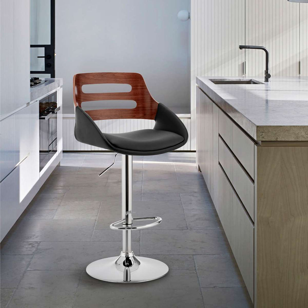 Karter Adjustable Black Faux Leather and Walnut Wood Bar Stool with Chrome Base By Armen Living | Bar Stools |  Modishstore 