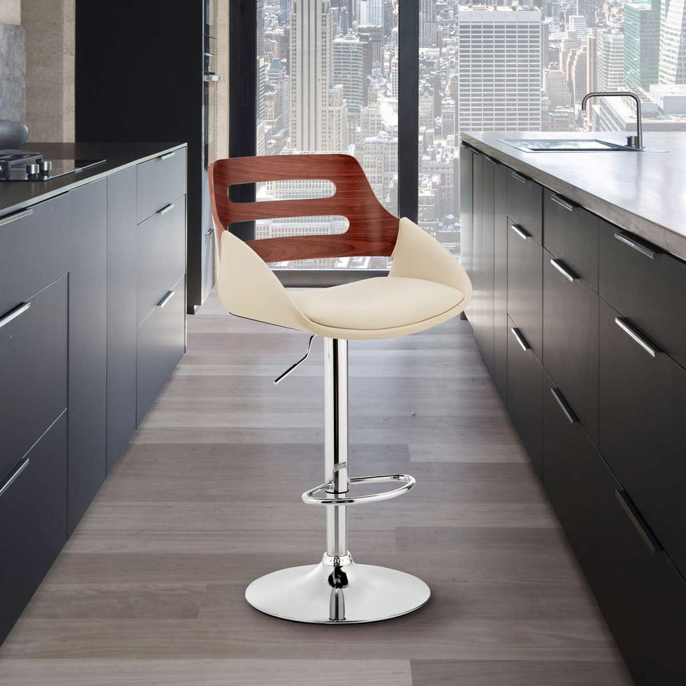 Karter Adjustable Black Faux Leather and Walnut Wood Bar Stool with Chrome Base By Armen Living | Bar Stools |  Modishstore  - 27