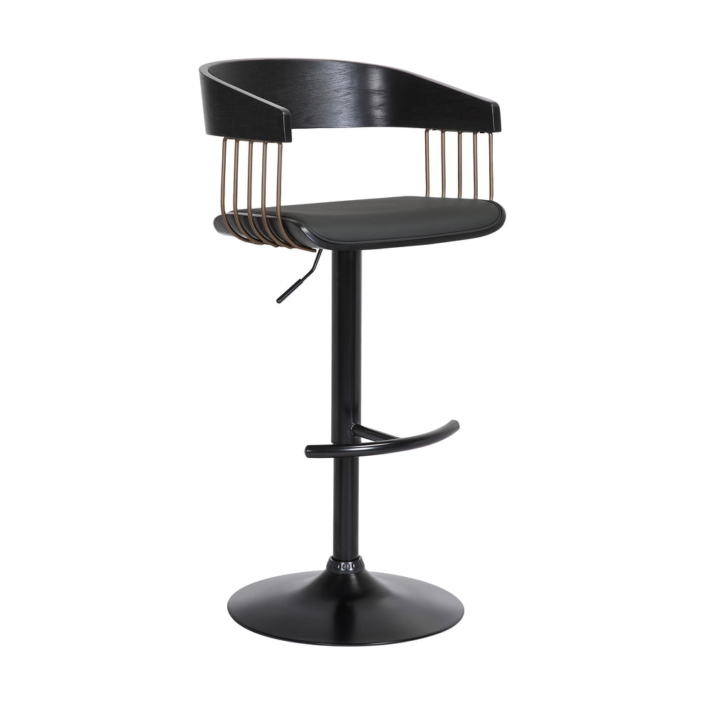 Larisa Adjustable Black Wood Bar Stool in Black Faux Leather with Golden Bronze and Black Metal By Armen Living | Bar Stools | Modishstore - 2