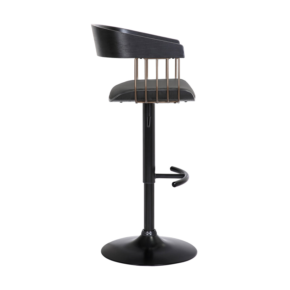 Larisa Adjustable Black Wood Bar Stool in Black Faux Leather with Golden Bronze and Black Metal By Armen Living | Bar Stools | Modishstore - 4